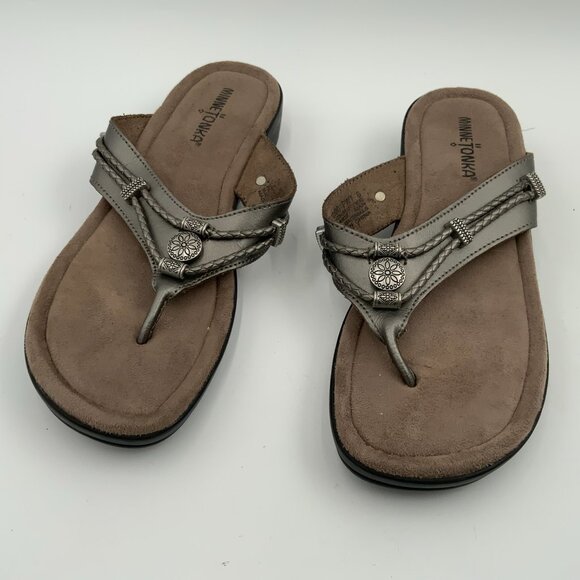 Minnetonka Silverthorne Pewter Sandals Leather WMs 8 - Picture 3 of 10